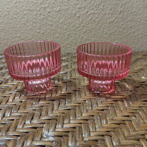 Vintage Pink Ribbed Glass Candle Holders Set Of 2 Reversable  Candle Size